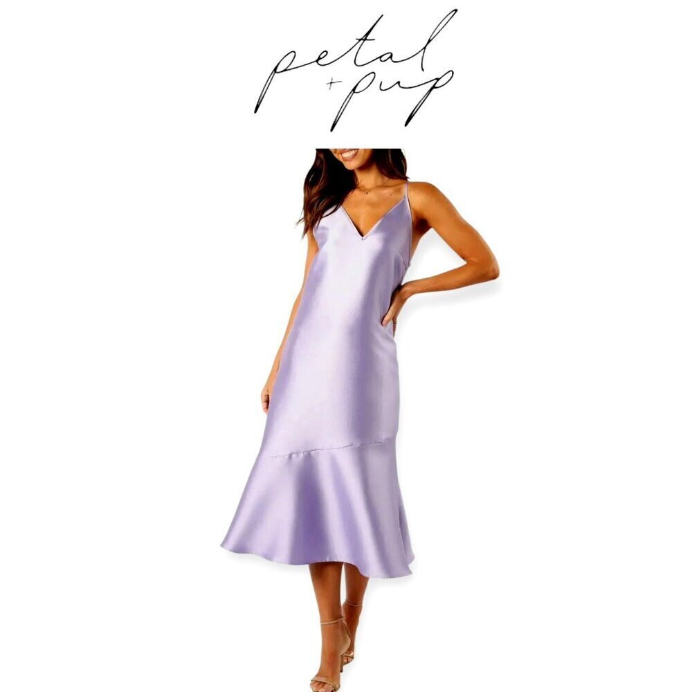Petal & Pup Lavender Satin Midi Dress XL V-Neck Adjustable Straps Flared Hem